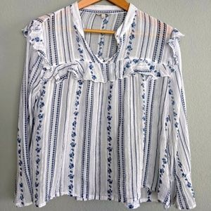 Lucky Brand White and Navy Embroidered Peasant Top